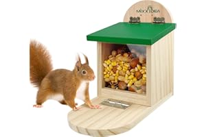 MIXXIDEA Wooden Squirrel Feeder Box,Squirrel Feeders for Outside Garden,Squirrel Feeding Stations with Green Cover, Easy to Fill and Clean with Removable Front Panel, Squirrel Feeding House