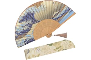 OMyTea® "Landscape 8.27"(21cm) Folding Hand Held Fan - with a Fabric Sleeve for Protection for Gifts - Japanese Vintage Retro Style (Kanagawa Sea Waves)