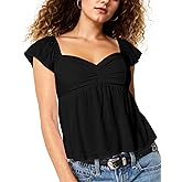HOCANDY Womens Flowy Peplum Tank Tops Ruffle Sleeve Babydoll Tank Top Sweetheart Neck Smocked Back Short Sleeve Going Out Top