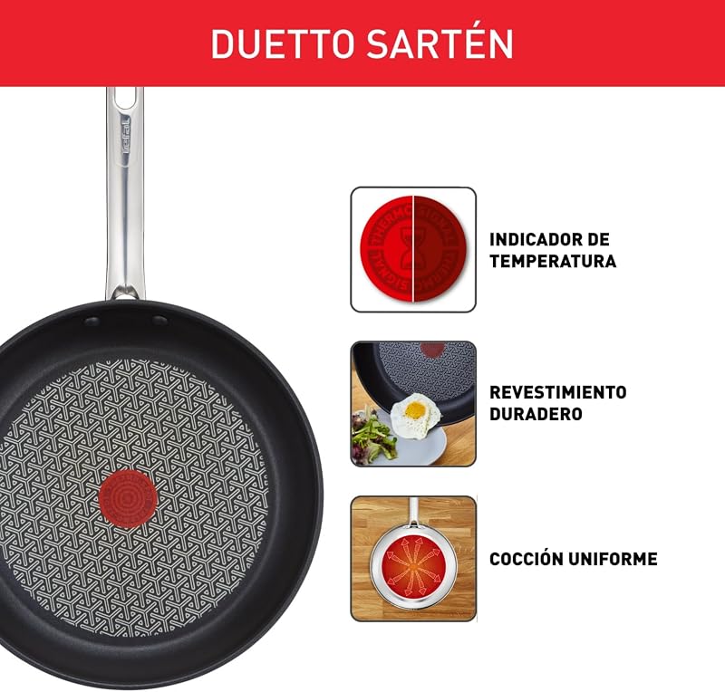 Tefal duetto - frigideiras antiaderentes, fundo grosso, resistente a impactos reforçado, fácil limpeza, todos os tipos de placas, cor ferro, conjunto de 3 frigideiras em aço inox 20/24/28 cm