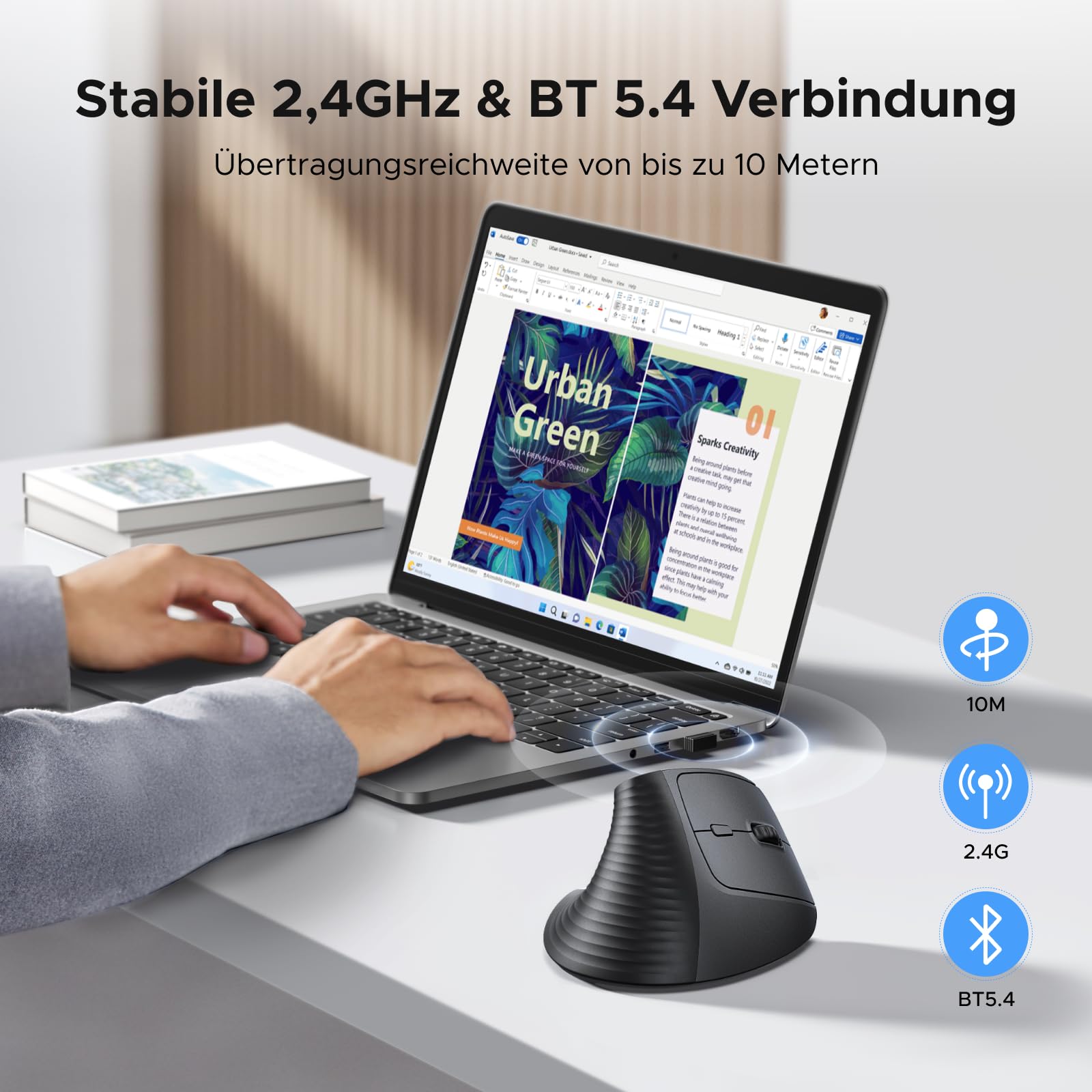 UGREEN 2.4G & Bluetooth Maus Kabellos Vertikale Ergonomische Maus für Windows/Mac OS uzw, 1000/1600/2000/4000 DPI, 6 Tasten (2.4G+BT 5.4) 3