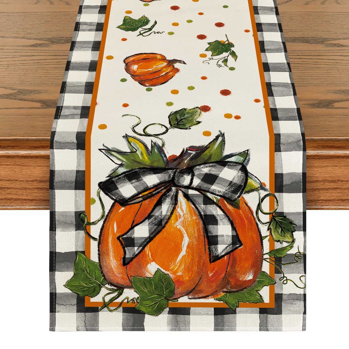 Photo 1 of Artoid Mode Pumpkin Bow Buffalo Plaid Fall Table Runner,Seasonal Autumn Kitchen Dining Table Decoration for Home Party Decor 13x72 Inch