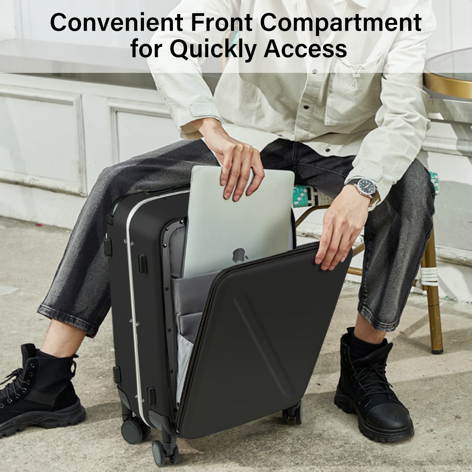 MILADA Luggage Hard Shell Suitcases Airline Approved Carry On Luggage 22x14x9 TSA Approved Luggage 20 Inch Front Opening Pocket Wide Handle Suitcase with Wheels Travel Luggage, Black