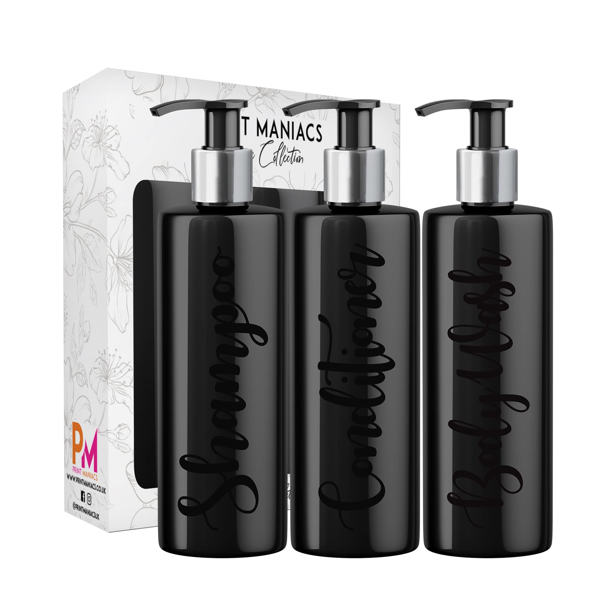 Print Maniacs 3 Set Mrs Hinch Inspired Black Personalised Dispenser Pump Bottles Shampoo Conditioner Body Wash (Black)