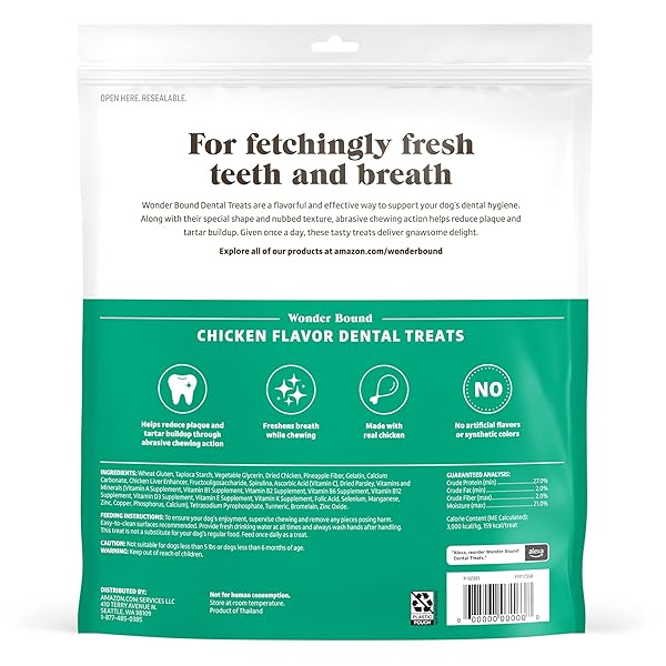 WONDER BOUND DOG DENTAL TREATS FOR LARGE DOGS (OVER 50 LBS), REAL CHICKEN FLAVOR, NUBBED TEXTURE FOR PLAQUE & TARTAR CONTROL, FRESHENS BREATH WHILE CHEWING, 26 COUNT