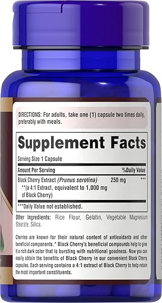 PURITAN’S PRIDE BLACK CHERRY CONCENTRATED EXTRACT 250 MG (1000MG EQUIVALENT), DIETARY SUPPLEMENT FOR GENERAL WELLNESS AND HEALTHY LIFESTYLE*, 50 DAY SUPPLY, 100 RAPID RELEASE CAPSULES
