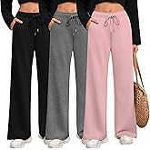 Riyiper 3 Pack Women Wide Leg Sweatpants Drawstring Straight Pants Elastic Waist Joggers Open Bottom Sweatpants with Pockets(Pink, Dark Gray, Black,XL)