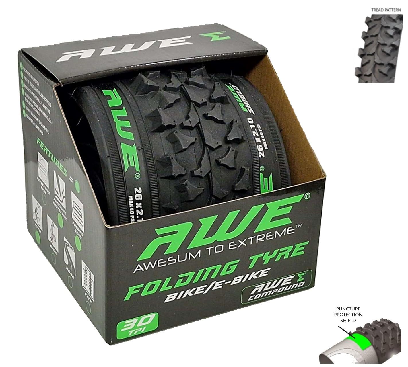 AWE® AWEShield Bike/E-Bike Folding Tyre with Puncture Protection 26" x 2.10 MTB Tyre 30 TPI