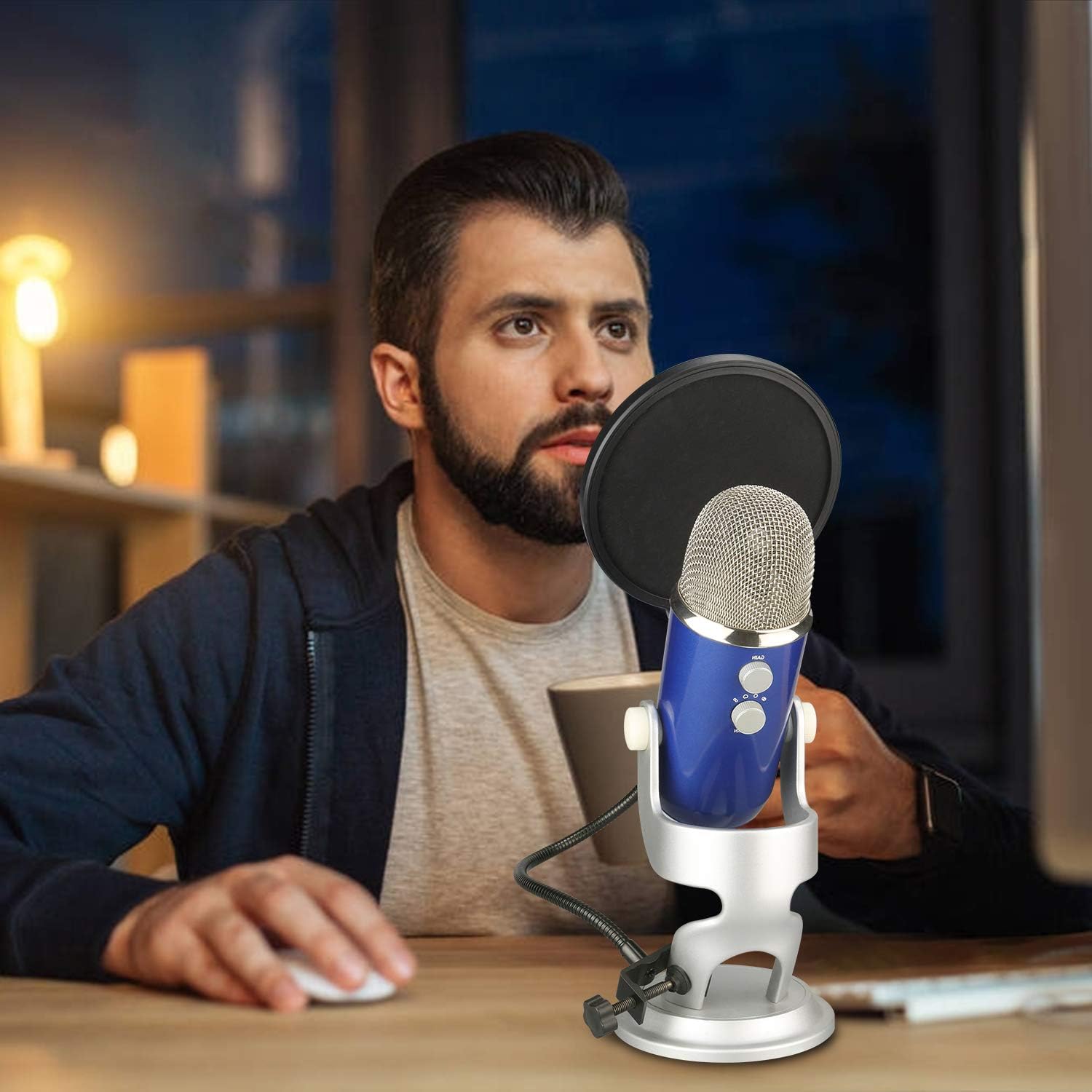 Aokeo Professional Microphone Pop Filter Mask Shield For Blue Yeti and Any Other Microphone, Mic Dual Layered Wind Pop Screen With A Flexible 360° Gooseneck Clip Stabilizing Arm: Musical Instruments