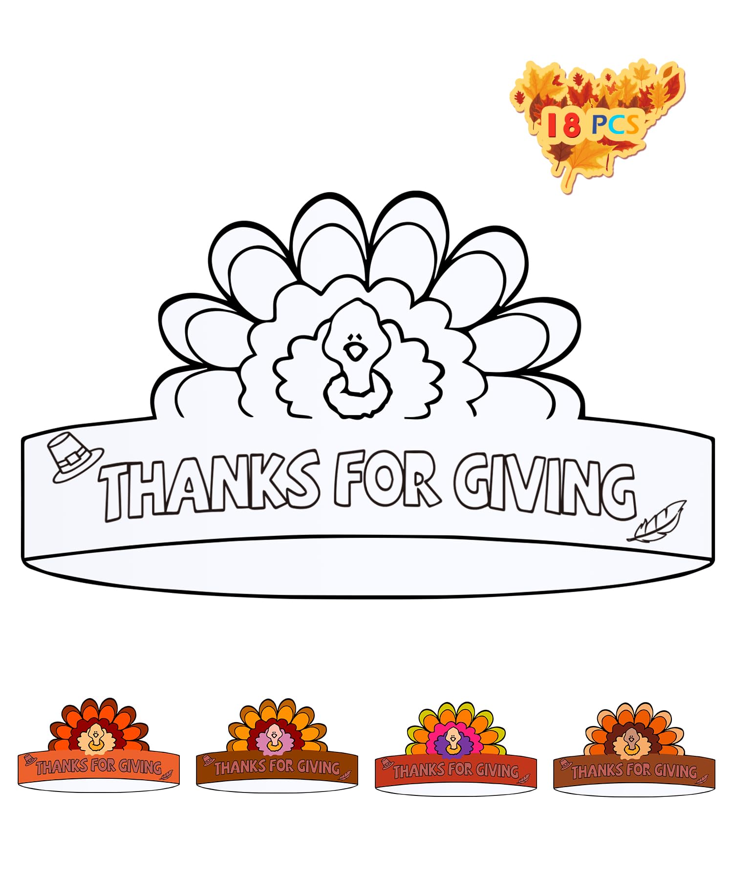 Photo 1 of Himache Thanksgiving Crafts for Kids, 18 Pack Color Your Own Turkey Crowns with Adjustable Headbands, Thankful Turkey Activity Hats for Party Favors at Home or School