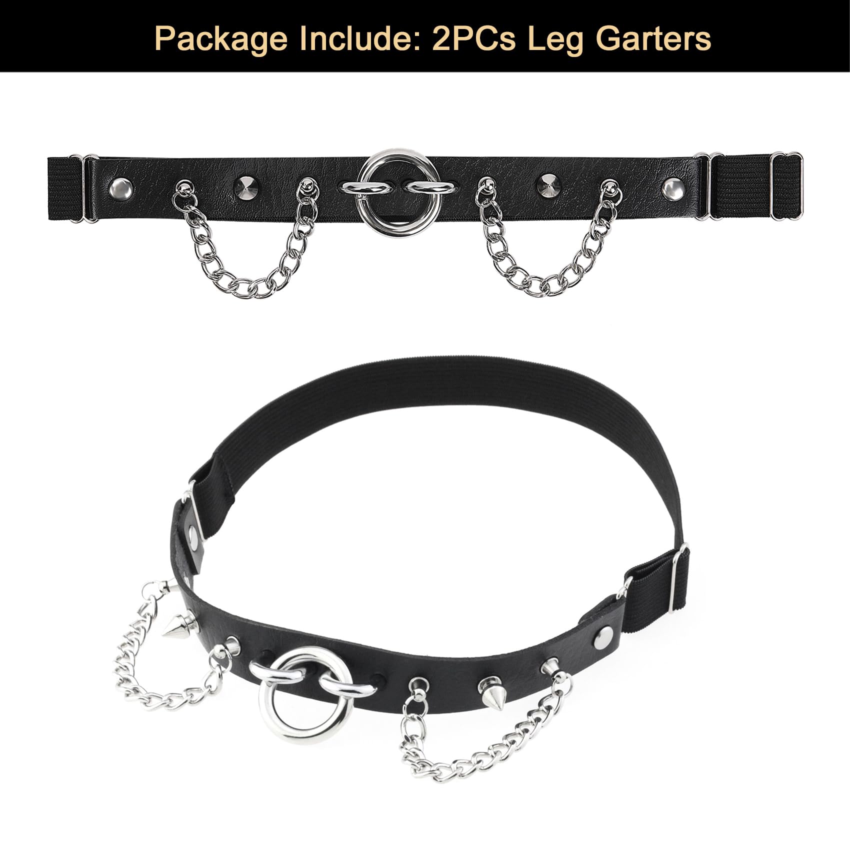 2PCs Adjustable Studded O-ring Leg Garter, Elastic Punk Thigh Garters with Chains for Women Parties, Black