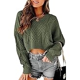 Tankaneo Women's V Neck Cropped Sweater Long Sleeve Crop Top Cable Knit Oversized Pullover Sweater