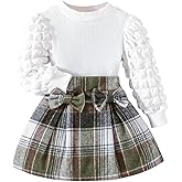 Noubeau Toddler Girls Plaid Outfits Girls Puff Sleeve Knit Ribbed Shirt Tops Plaid Skirt Set Kids Fall Winter Clothes