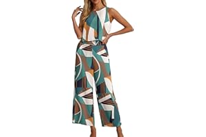 IWOLLENCE Women's Summer 2 Piece Outfits Set Round neck Sleeveless Tank Crop Top Wide Leg pants Set Pockets Jumpsuits