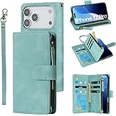 RANYOK Wallet Case Compatible with iPhone 17 Pro Case, with 6 Card Holder RFID Blocking, PU Leather Zipper Flip Wallet Pocket, Kickstand, Wrist Strap | Protective Phone Cover for 17 Pro, Light Blue