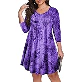 LARACE Womens Plus Size Dresses V Neck 3/4 Sleeve Pleated Midi Dress Casual A-Line Swing Dress
