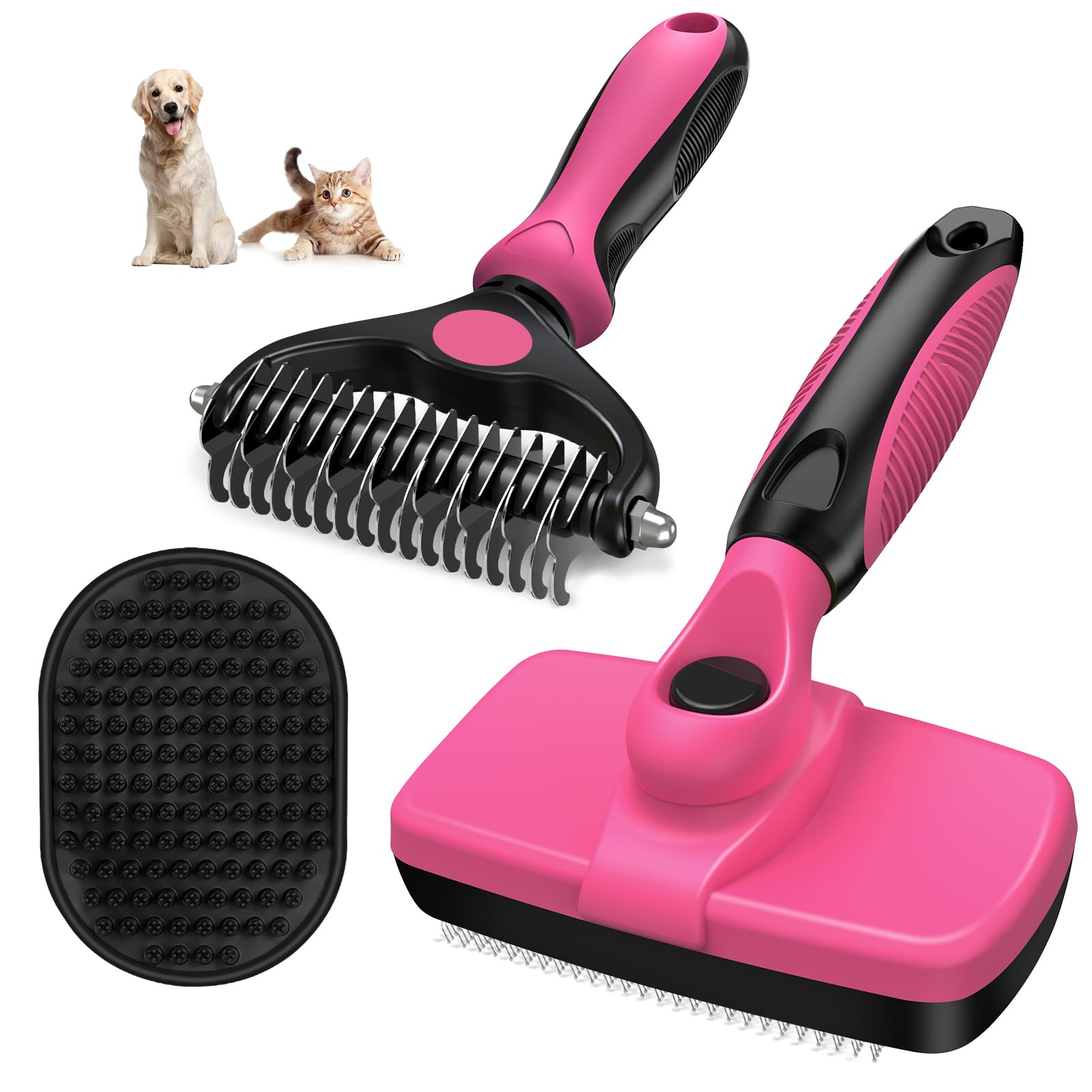 Photo 1 of 3PCS Self Cleaning Slicker Brush & Pet Grooming Rake & Bath Brush for Dogs,Cats and Horses | Double-Sided Dematting Comb & Skin Friendly Deshedding Grooming Tool | Premium Pet Supplies (Red Black)