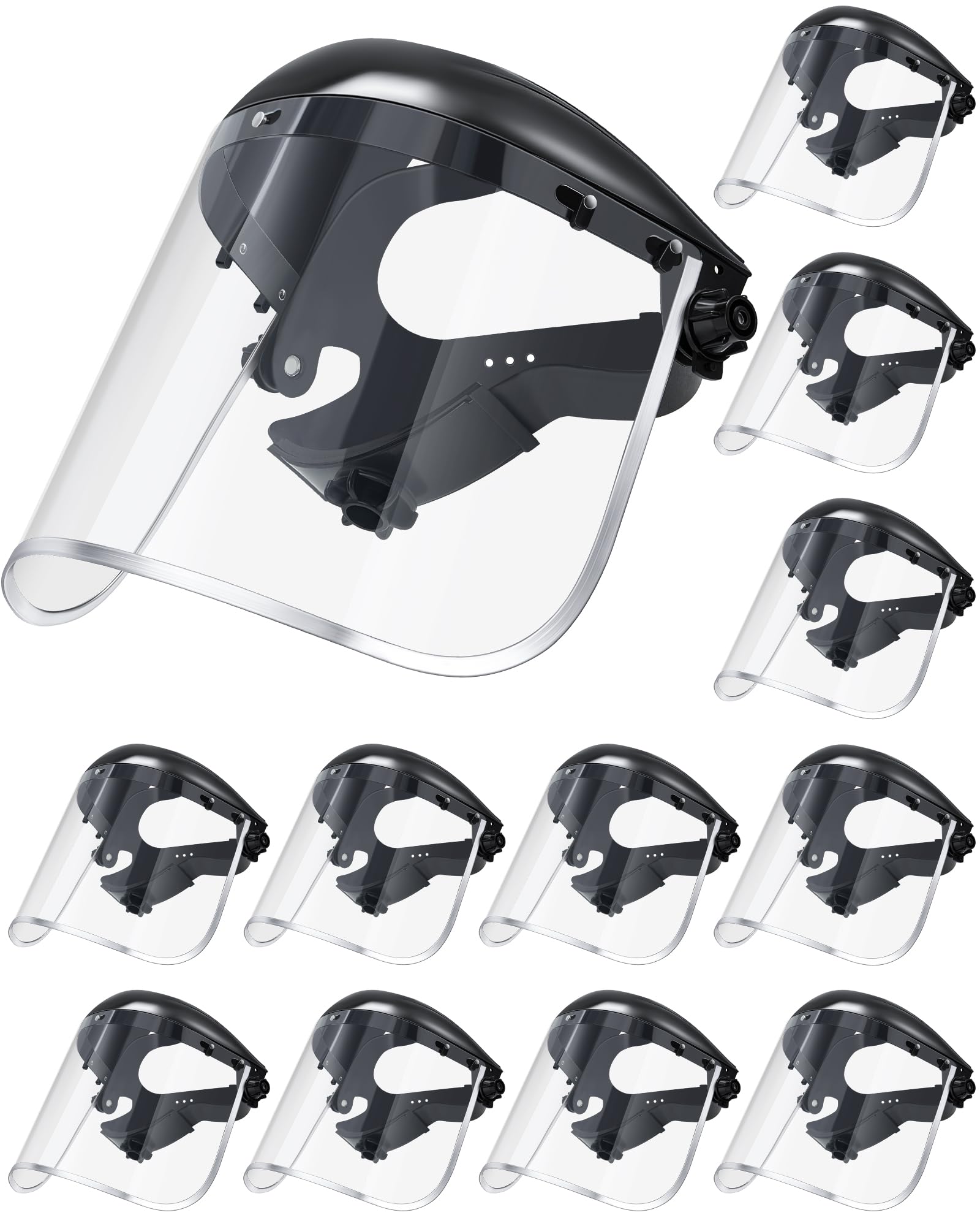Photo 1 of Copkim 12 Pack Safety Face Mask Shield for Grinding Clear Full Face Impact Resistant Safety PET Full Impact Resistant Mask Shield for Work Construction Cutting (Clear PET,Black)