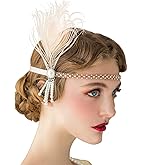 SWEETV 1920s Headpiece Flapper Headband, Pearl Peacock Feather Hair Band, Great Gatsby Accessoreis for Women, Blush Pink