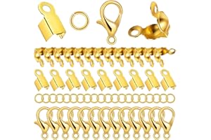 BOYIVI 500Pcs DIY Jewelry Making Accessories Set, 150 Crimp Beads Knot Covers, 150 Clamshell Fold Over Cord Ends, 150 Open Jump Rings, 50 Lobster Claw Clasps for Pendants Bracelet Necklace Crafts(Gold)