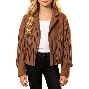 Faux Suede Leather Jackets for Girl Fringe Western Motorcycle Coats | Casual Lapel Casual Denim Jackets Open Front Long Sleev