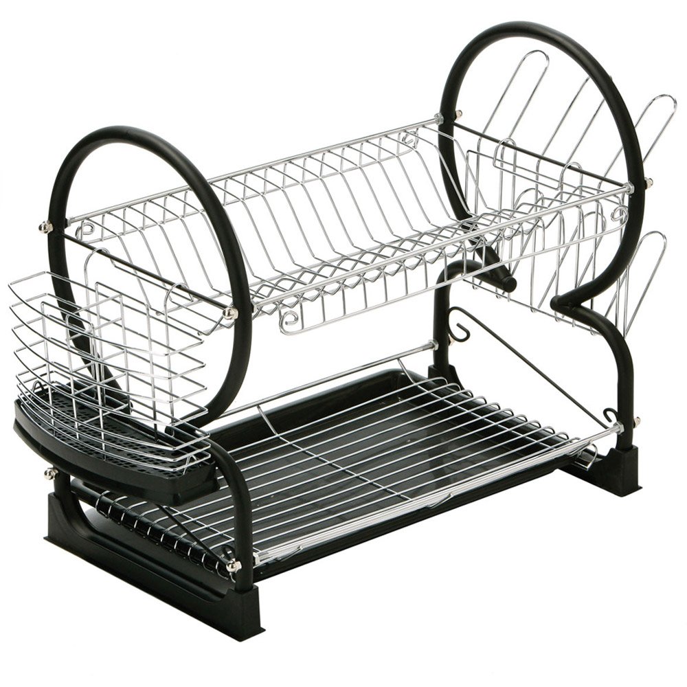 Premier Housewares 2 Tiers Dish Drainer / Dish Rack / Sink Drainer / Draining Rack / Removable Tray / Cutlery Drainer / Cup Holder - Black