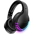 Wireless Bluetooth Headphone with Noise Cancellation HiFi Stereo Sound Mic Deep Bass Protein Earpad Rainbow RGB Backlight Rechageable Over Ear Headset for PC Mac Game Travel Class Home Office(Black)