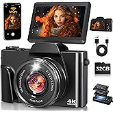 4K Digital Camera WiFi 180&deg; Flip Screen Autofocus 64MP 16X Zoom, Black | Vlogging Camera for YouTube, Compact Travel Camera for Beginners, Anti-Shake, 32GB Card, 2 Batteries