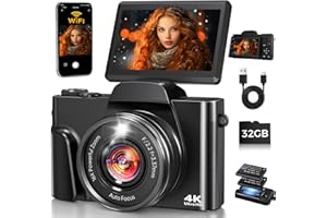 4K Digital Camera WiFi 180° Flip Screen Autofocus 64MP 16X Zoom, Black | Vlogging Camera for YouTube, Compact Travel Camera for Beginners, Anti-Shake, 32GB Card, 2 Batteries
