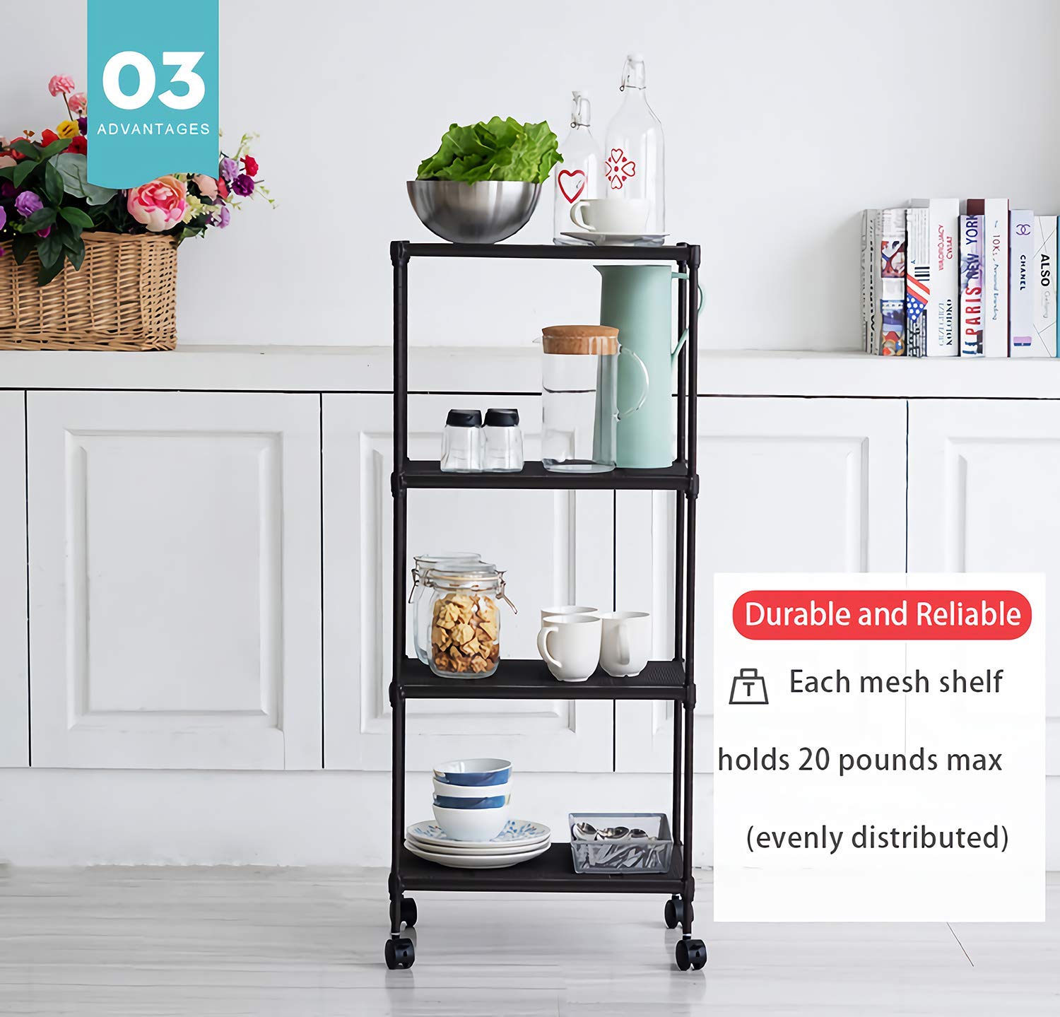 Iris\'Home 4-Tier Mesh Freestanding Bathroom Storage Shelf on Wheels, Restroom Shelves,Towel Organizer/Tower/Shelf, Metal Corner Shelf- Grey