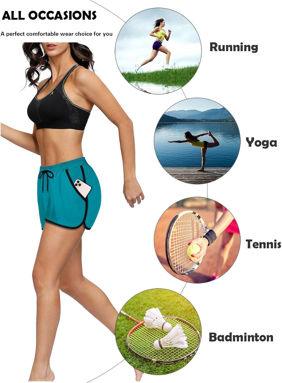 Fulbelle Womens Double Layer Drawstring Elastic Waist Athletic Shorts with Pockets: Clothing