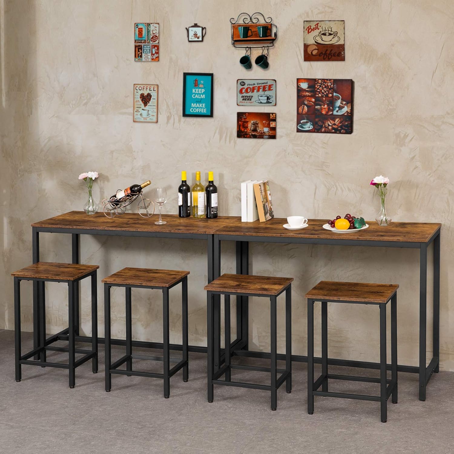 HOOBRO Bar Table, 47.2” Rectangular Pub Table, Dining Table for Living Room, Dining Room, Kitchen, Adjustable Feet, Sturdy Metal Frame, Industrial Design, Easy Assembly, Rustic Brown BF50BT01: Home & Kitchen