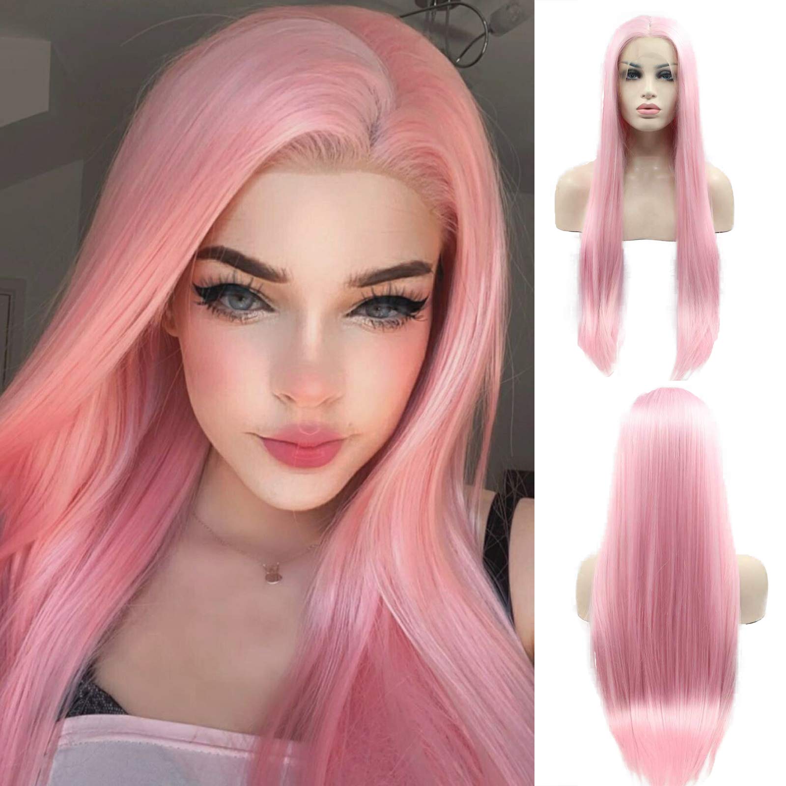 Peach Pink Lace Front Wigs for Women Rose Red Long Silky Straight Middle Part Wigs with Baby Hair 180 Density Synthetic Hair Lace Cosplay Wig 24 Inch