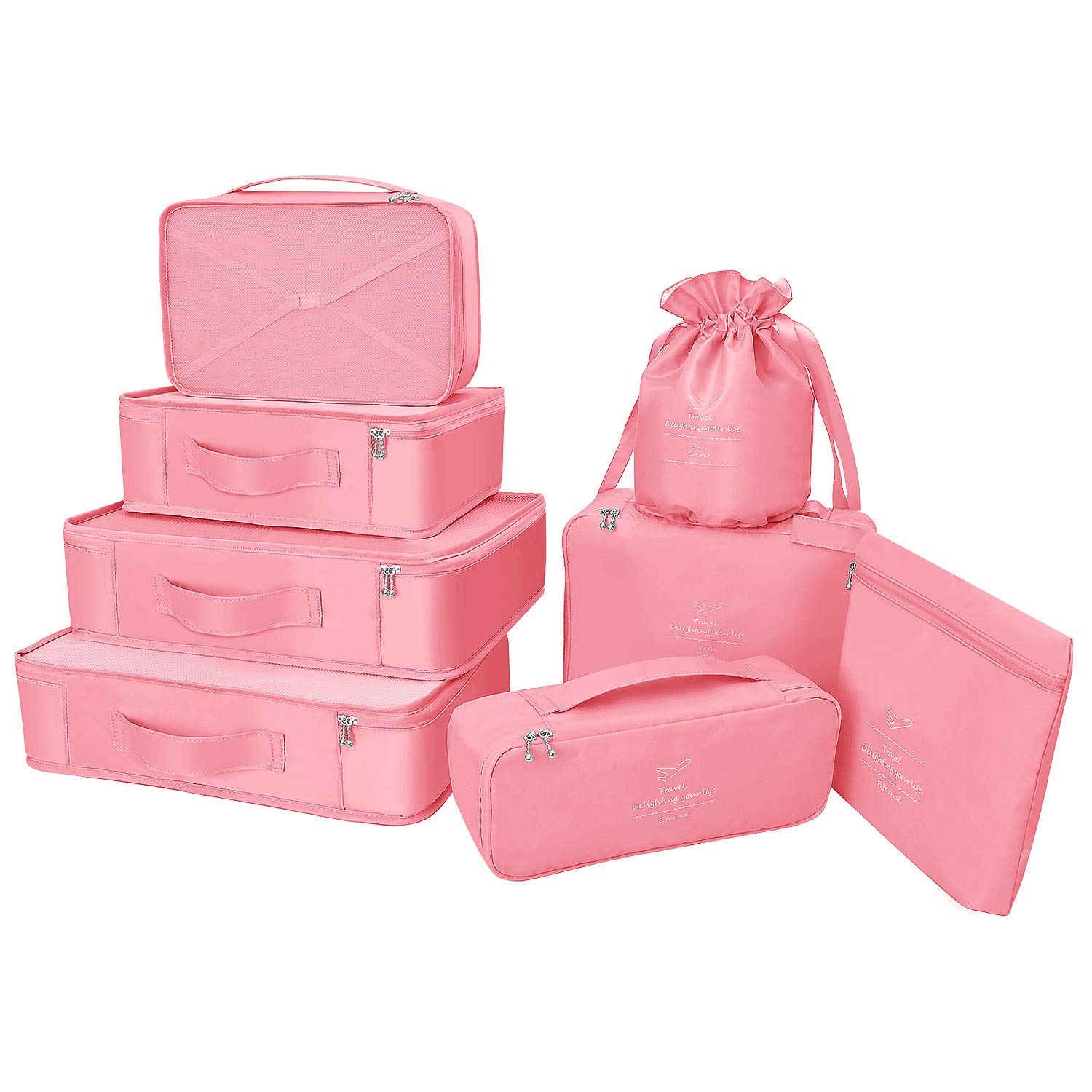 BETLLEMORY Packing Cubes 8 Sets Travel Luggage Organizers with Waterproof Shoe Storage Bag Compression Pouches(Peach Pink)