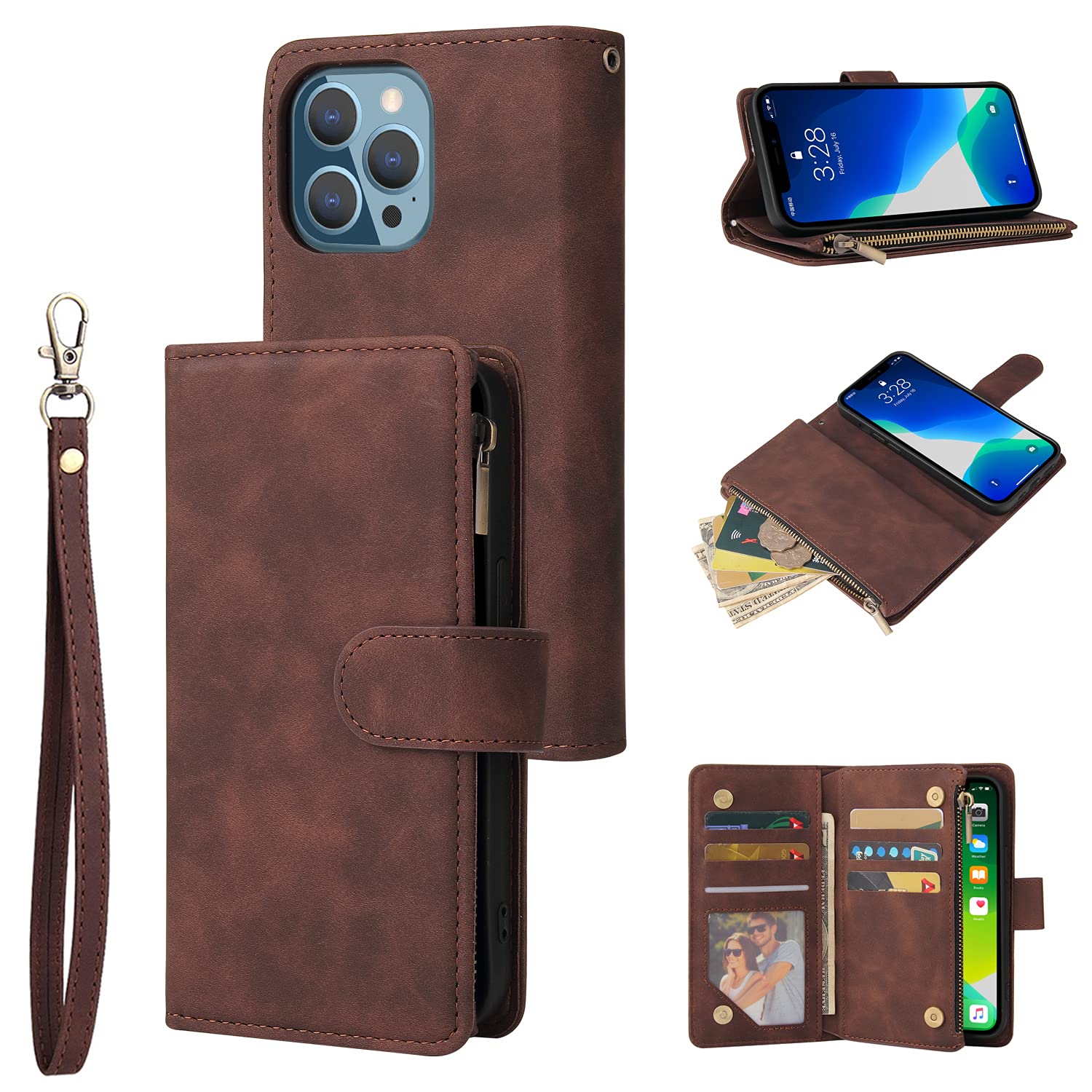 UEEBAI Wallet Case for iPhone 13 Pro Max 6.7 inch, Premium Vintage PU Leather Magnetic Closure Handbag Zipper Pocket Case Kickstand Card Holder Slots Wrist Strap TPU Shockproof Flip Cover - Coffee — image 1