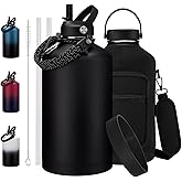 RRYFOUR 1 Gallon Insulated Water Jug w/ Straw - Double Wall Vacuum Insulated Black Water Bottles 128 oz, Gallon Water Bottle w/Paracord Handle, Protective Boot, Water Bottle w/ Strap Gym Work Travel