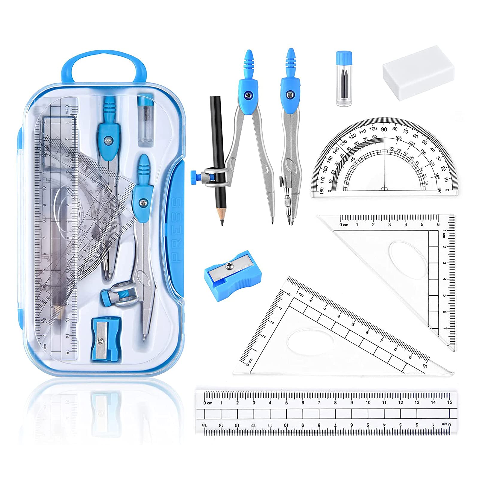 Geometry Set, 10pcs Maths Set,ZOMOAP School Maths Protractor Set with Shatterproof Storage Box,Includes Rulers,Protractor,Compass,Pencil Lead Refills,Pencil,Eraser.