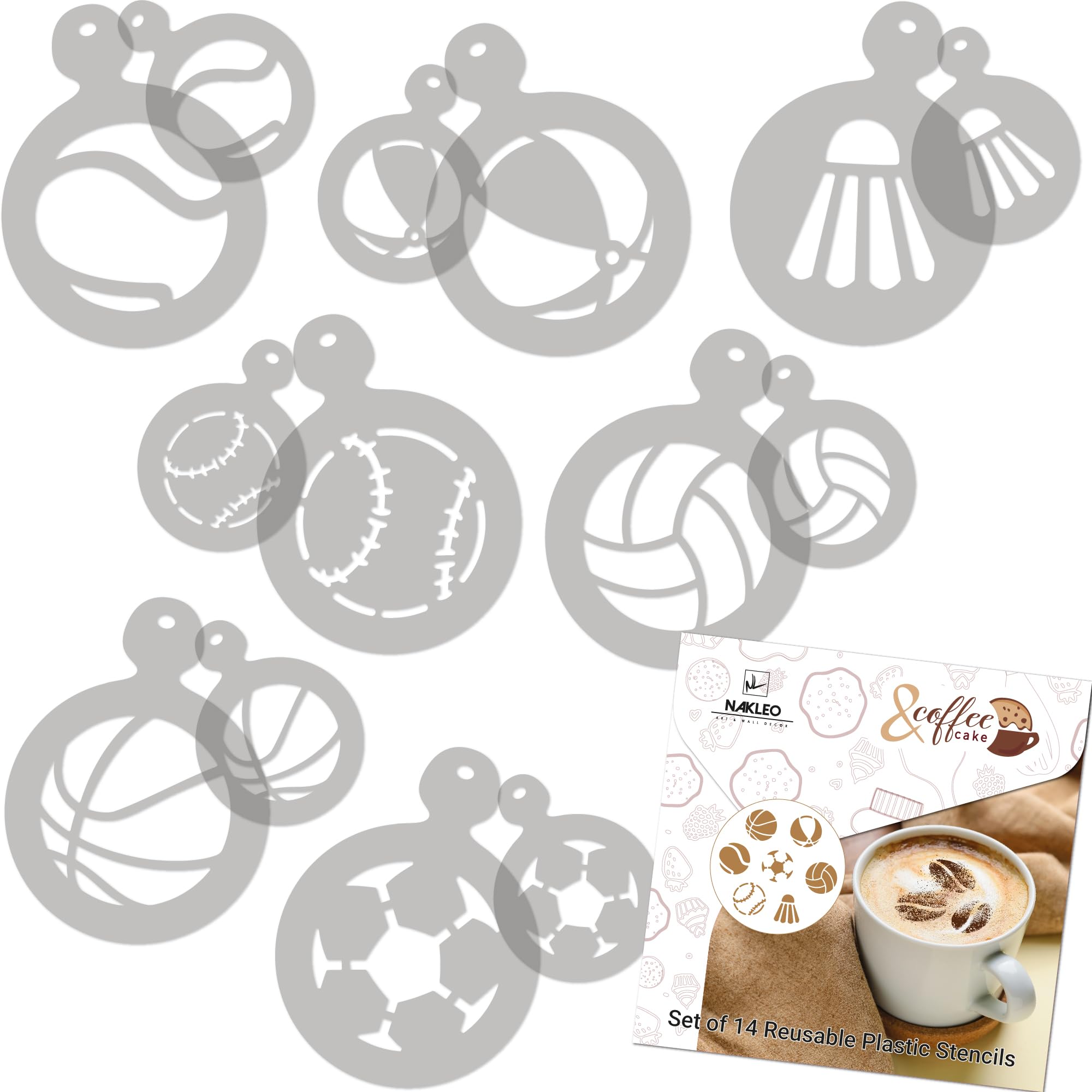 NAKLEO Coffee Stencils and Cookies Decoration 14Pcs 7x7 and 11x11cm, Reusable Plastic Baking Templates, Sport Football Balls, Barista DIY Art Craft, Capuccino Latte Chocolate Cake Biscuit Kitchen