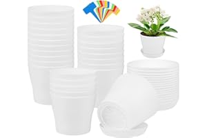Aodaer 24 Pack 4 Inch Plastic Planters with Multiple Drainage Holes and Tray Indoor Outdoor Flower Plant Nursery Pots with Labels Flower Seedling Pots for Herb Garden Home Succulents, White
