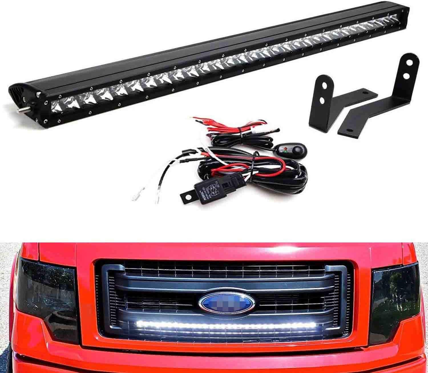 Amazon Com Ijdmtoy Behind Grille Mount 30 Inch Led Light Bar Kit Compatible With 2009 2014 Ford F 150 Includes 1 150w High Power Cree Led Lightbar Mesh Grill Mounting Brackets On Off Switch Wiring Kit