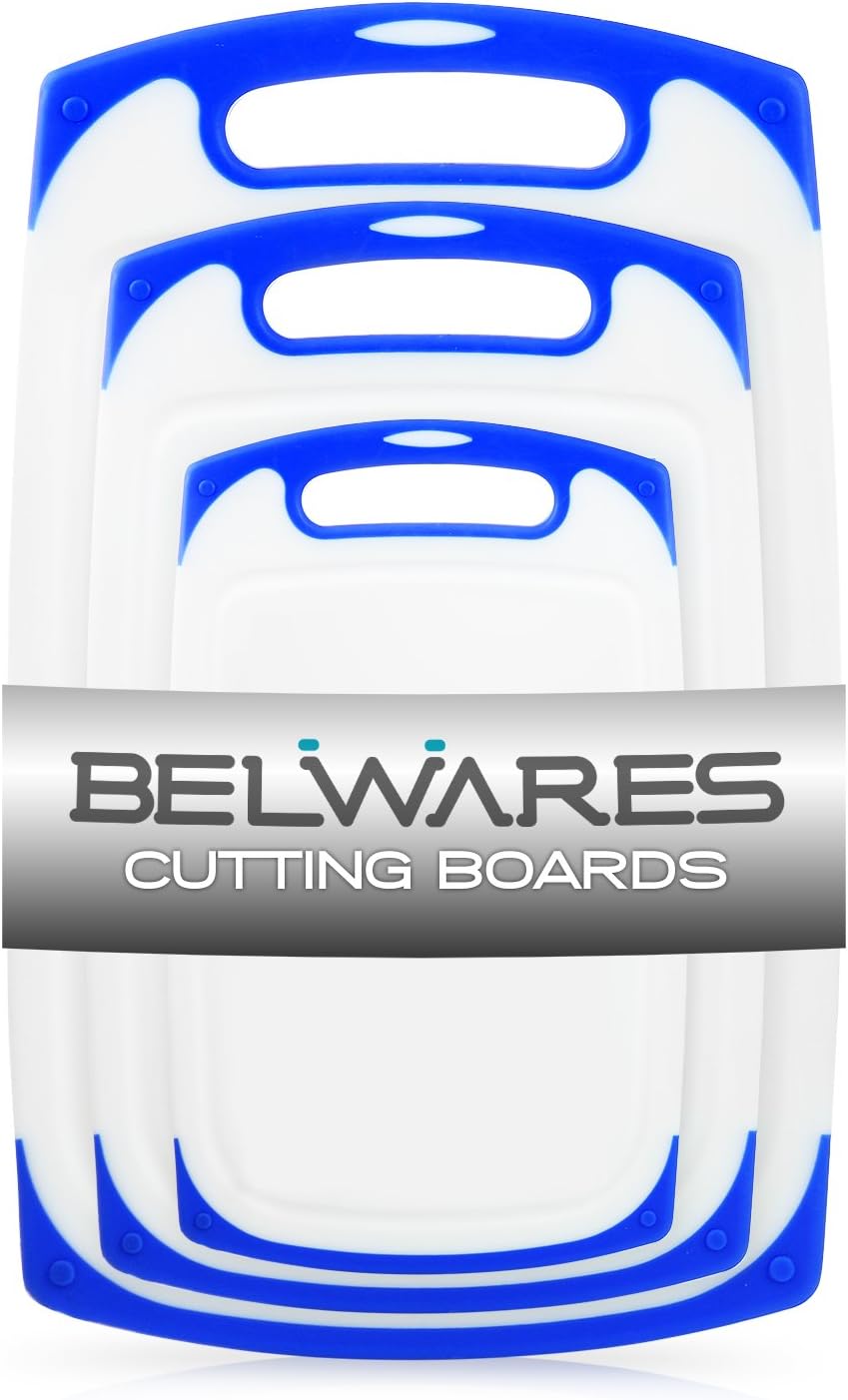 Cutting Boards for Kitchen, Plastic Chopping Board Set of 3 with Non-Slip Feet and Deep Drip Juice Groove, Easy Grip Handle, BPA Free, Non-porous, Dishwasher Safe