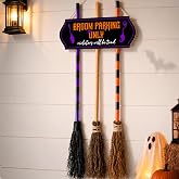 Halloween Broom Parking Sign with 3 Wooden Witch Brooms | Wooden Halloween Decoration sign with 3 colorful witch brooms for Halloween porch, wall, entryway, office, or party decor