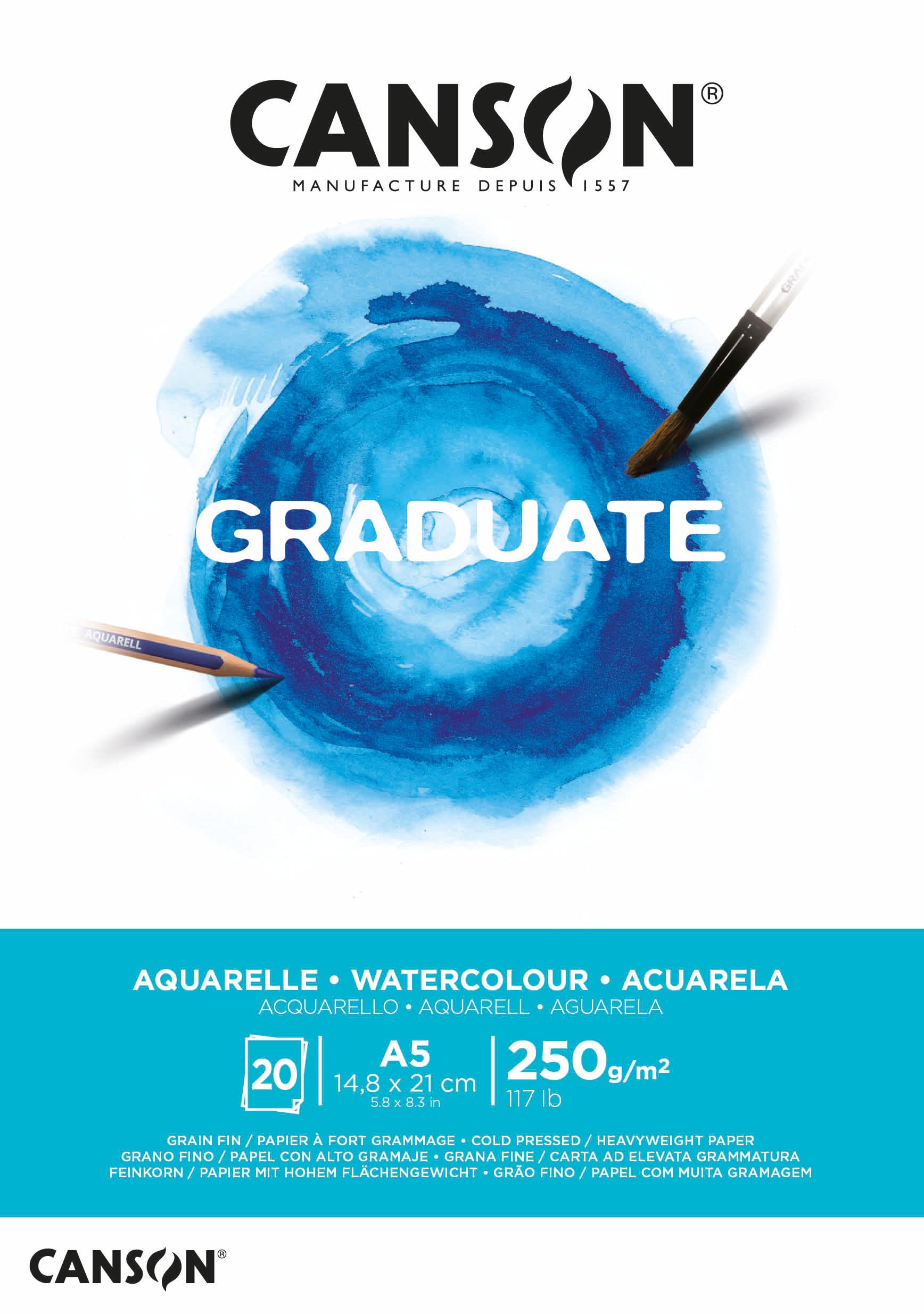 CANSON Graduate Watercolour 250gsm A5 Paper, Cold Pressed, Pad Glued Short Side, 20 Natural White Sheets, For Student Artists