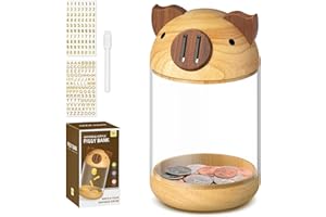 hizgo Wooden Piggy Bank for Kids Adults, Clear Savings Jar for Boys and Girls, Unbreakable Money Coin Bank for Kids Birthday