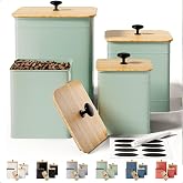 Kitchen Canisters for Countertop Set of 4 w/ Chalkboard Labels &amp; Marker Pen | Airtight Easy Open Bamboo Lids, Dent-Resistant Thick Metal, Customizable Chalkboard Labels, Marker Pen Included, Set of 4