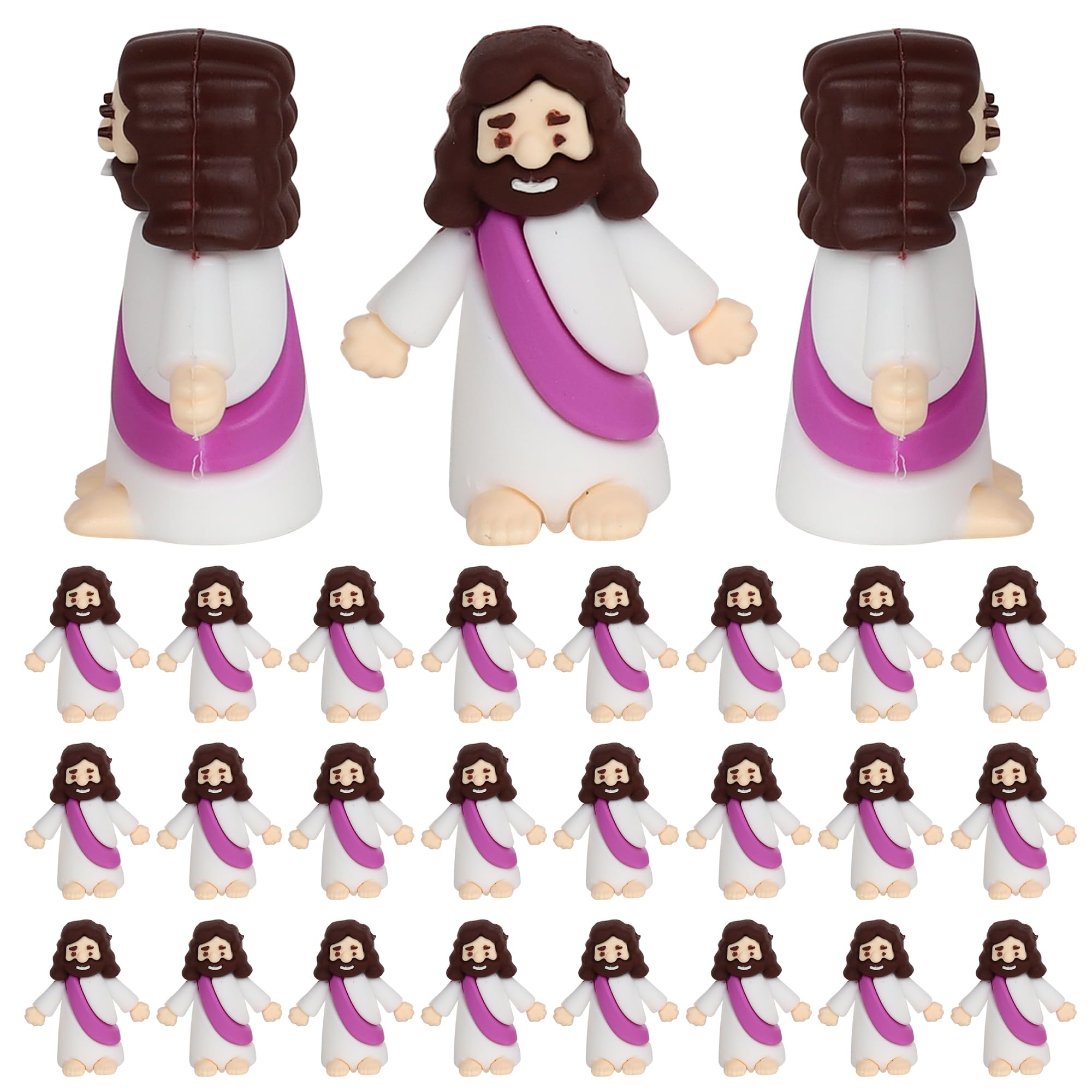 SYKYCTCY 24 Pack Little Jesus Figures Cupcake Toppers Original Design Mini Rubber Jesus Cupcake Picks Toys to Hide and Seek Religious Baptism Cupcake Decorations Party Supplies Purple