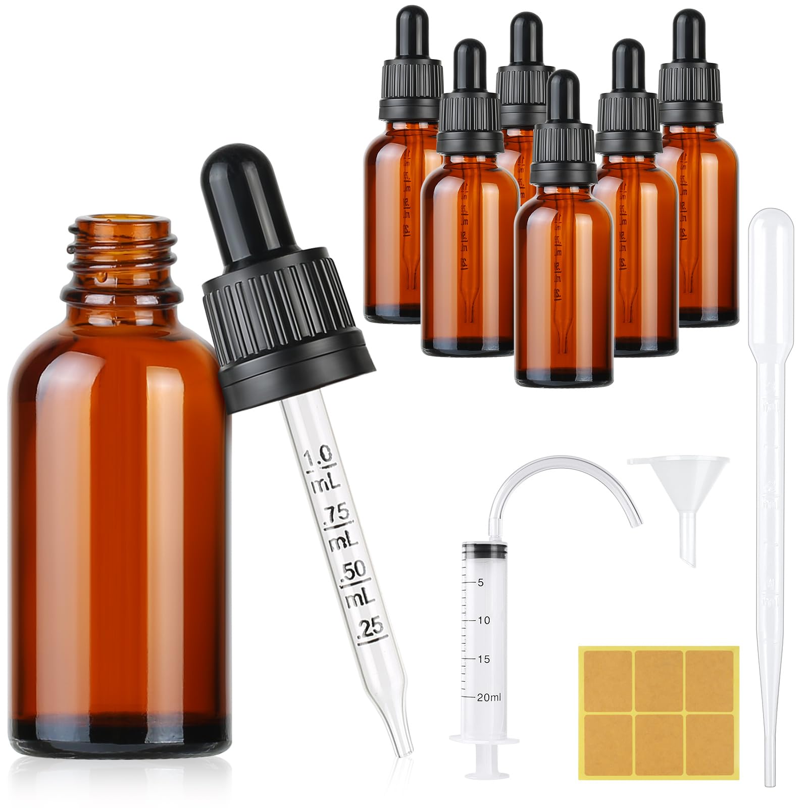 Furuising 6PCS Glass Dropper Bottle,30ML Pipette Dropper Bottle, Reusable Amber Glass Dropper Bottles with 3ml Dropper, 20ml Syringe, Funnel, Stickers for Essential Oils Aromatherapy (6PCS, 30ML)