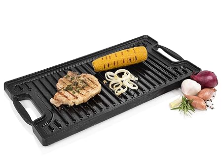 Sänger Grillplatte aus Gusseisen Beidseitig Verwendbar | 49x27 cm | Wendbare Bratplatte mit geriffelter und flacher Grillfläc