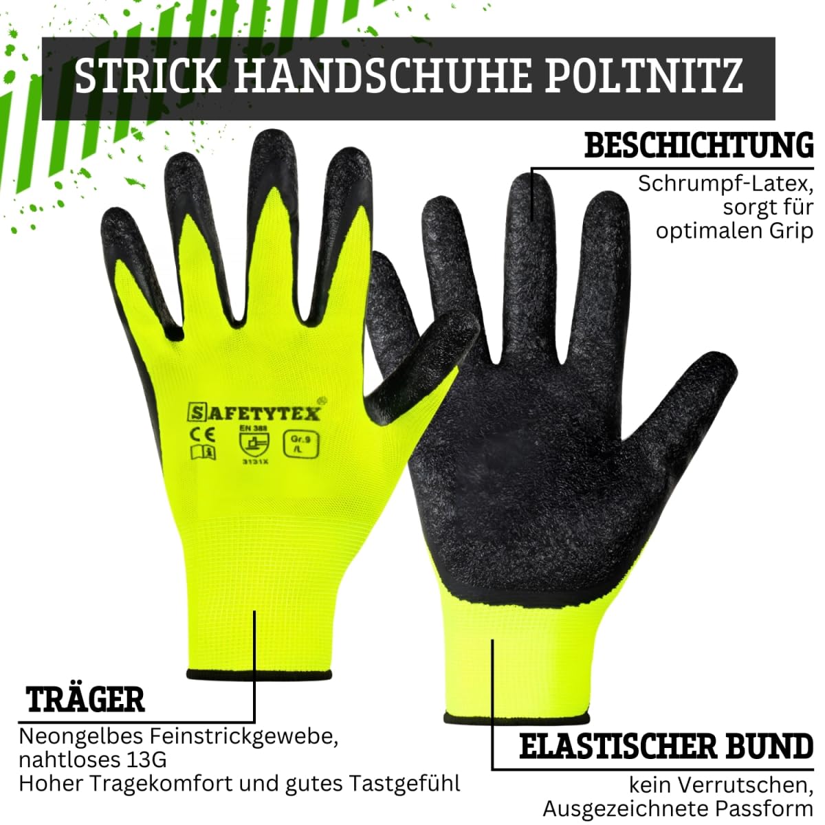 Safetytex 24 Paar Arbeitshandschuhe - Montagehandschuhe mit Latex Beschichtung - neongelbe Handschuhe - Schutzhandschuhe für Haus, Garten, Industrie und Handwerk - Größe 11 2