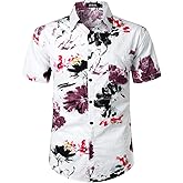 JOGAL Men's Flower Short Sleeve Button Down Hawaiian Shirt